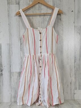 Roxy Linen Blend Creamy White Sundress Pink Tan Stripes Button Front Size Medium